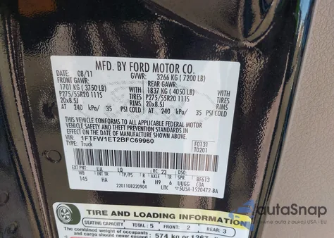 2011 Ford F-150 Lariat из США, поврежденный, VIN 1FTFW1ET2BFC69960